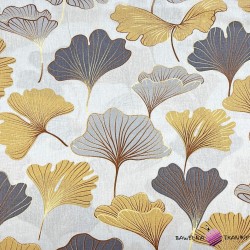 Cotton 100% gray-gold ginkgo on grey background