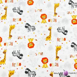 Bawełna 100% zwierzęta pomarańczowe Hello Safari na białym tle
