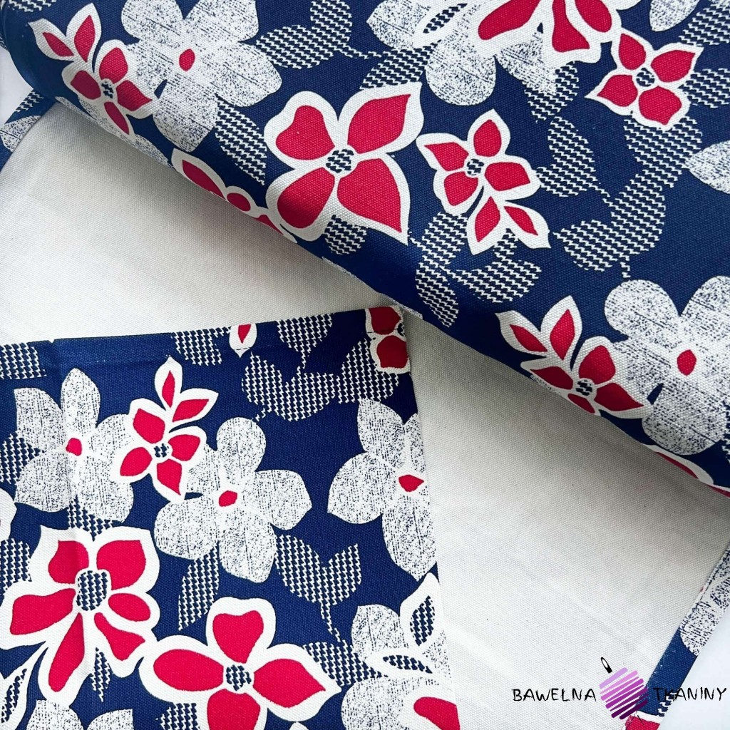 Sun lounger fabric with red flowers on a navy blue background