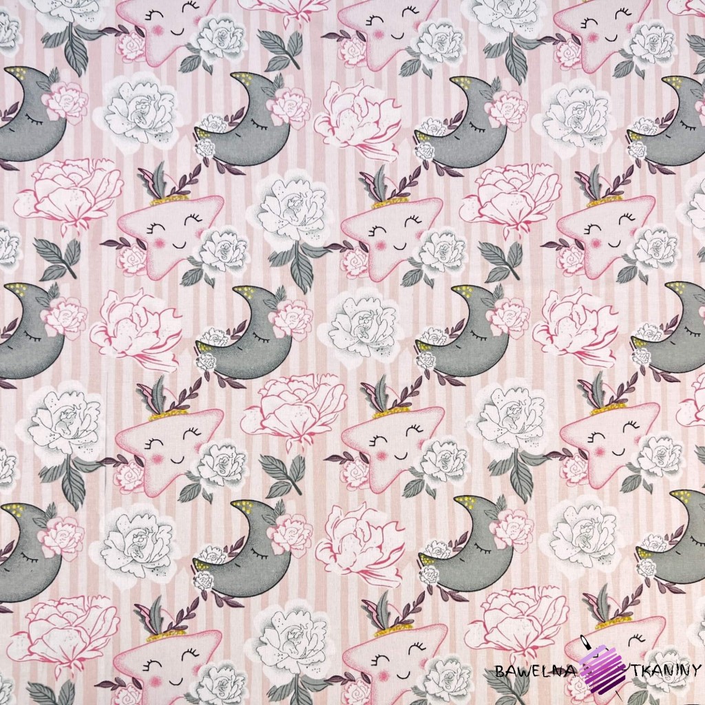 Cotton 100% pink-gray flowers with stars and moons