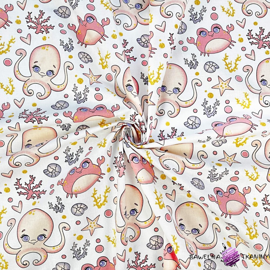 Cotton 100% marine pattern apricot octopus and crabs