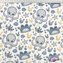Cotton 100% marine pattern grey octopus and crabs