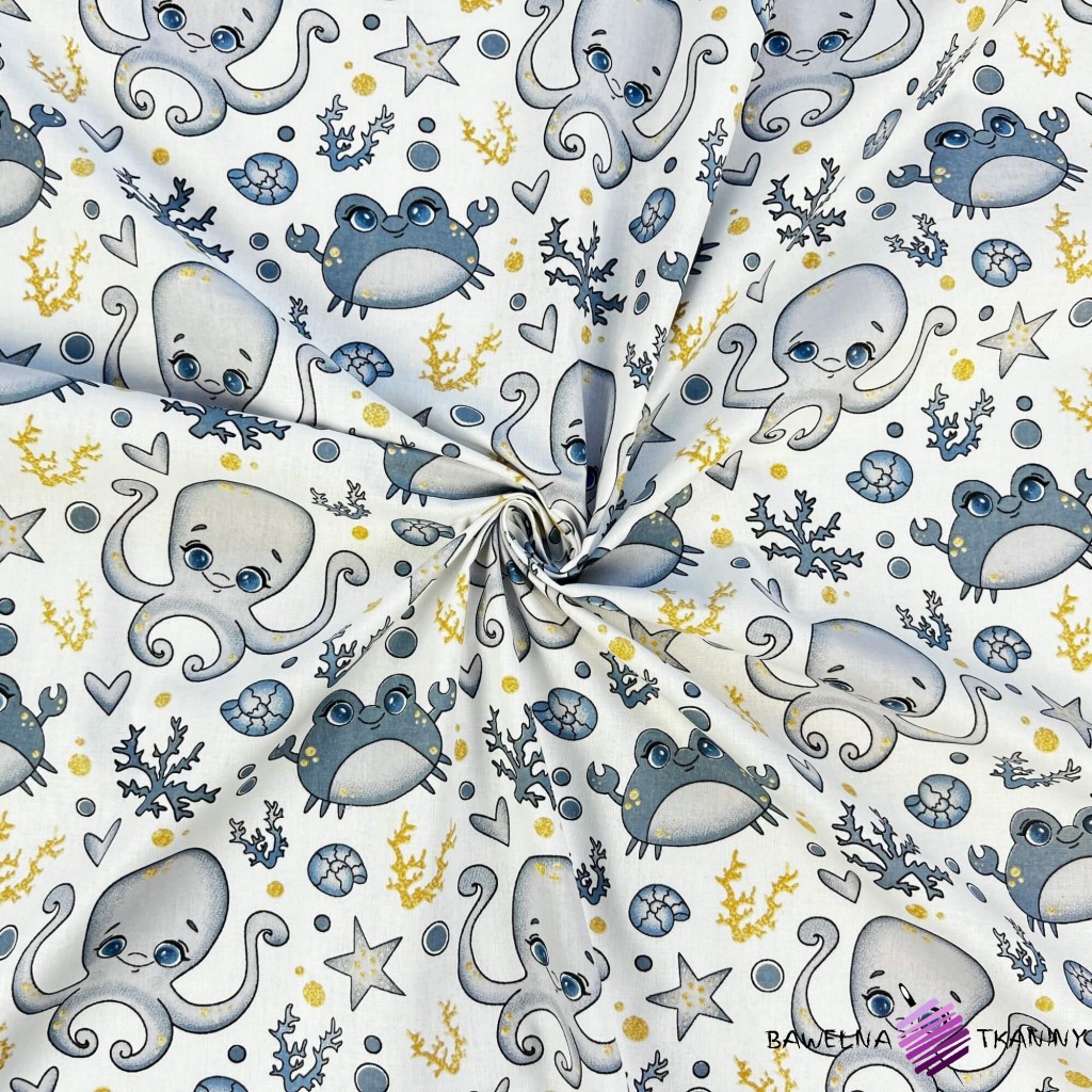 Cotton 100% marine pattern grey octopus and crabs