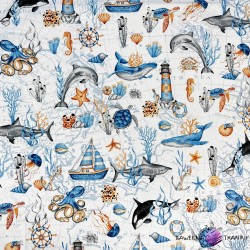 Cotton 100% marine pattern whales and blue ships