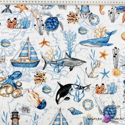 Cotton 100% marine pattern whales and blue ships