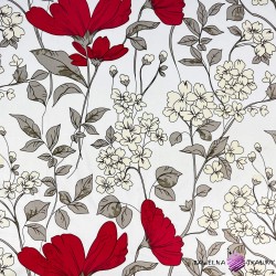 Cotton 100% large red flowers with ecru flowers