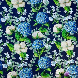 Cotton 100% cotton flowers and hydrangea on a dark navy blue background