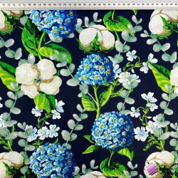 Cotton 100% cotton flowers and hydrangea on a dark navy blue background