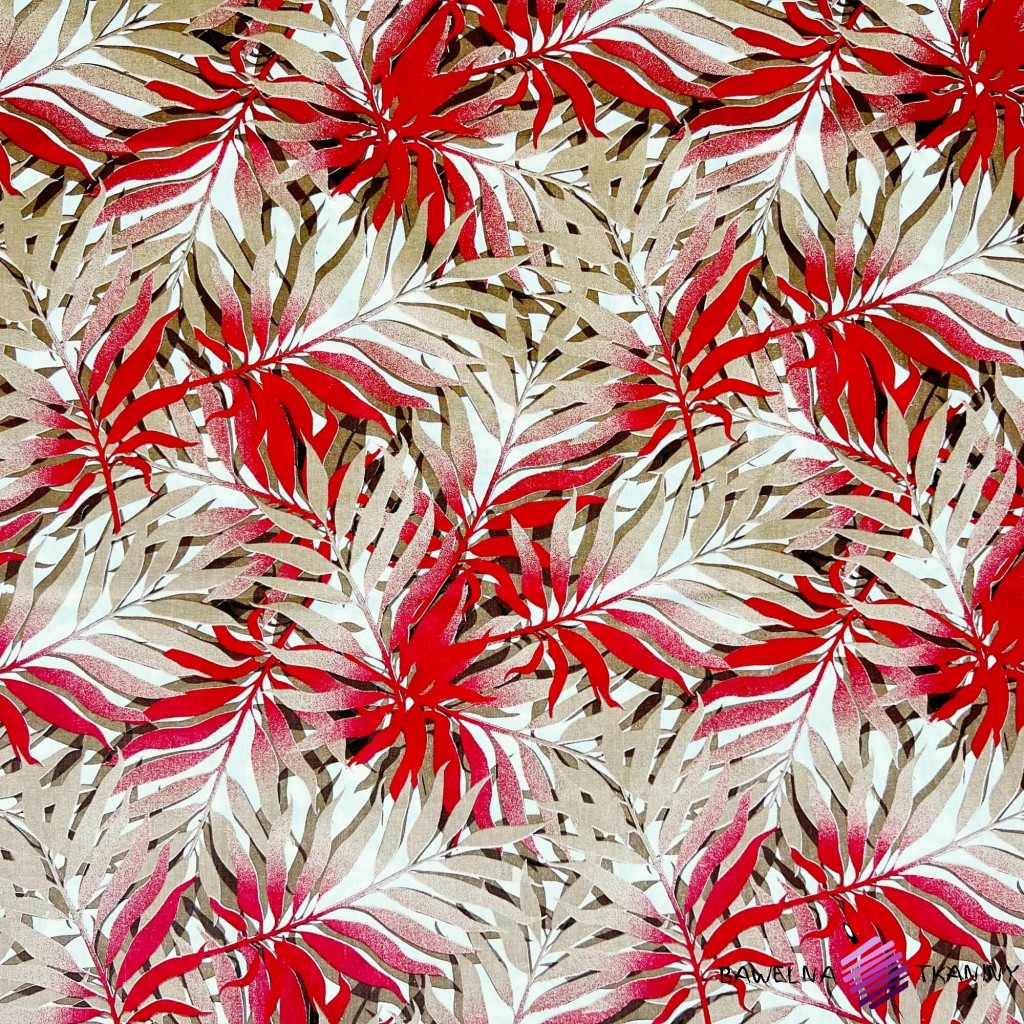 Cotton 100% red-beige palm leaves on a white background