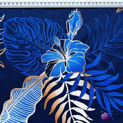 Cotton 100% monstera and banana leaves with flowers on a navy blue background