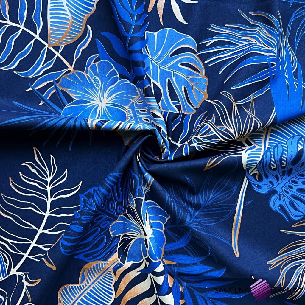 Cotton 100% monstera and banana leaves with flowers on a navy blue background