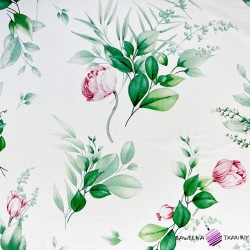 Cotton 100% pink flowers with green branches on a white background