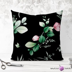 Cotton 100% pink flowers with green branches on a black background