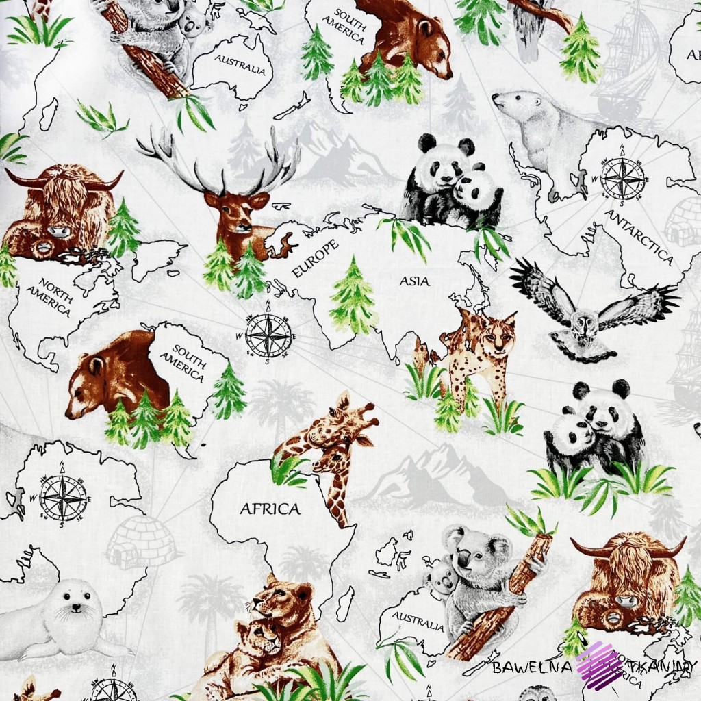Cotton 100% animals on continents on white background