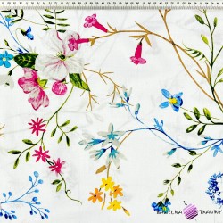 Cotton 100% colorful flowers with twigs on a white background