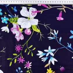 Cotton 100% colorful flowers with twigs on a navy blue background