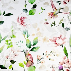 Cotton 100% peony flowers with hummingbirds on a white background