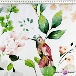 Bawełna 100% kwiaty piwonii z kolibrami na białym tle - 220cm