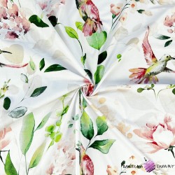 Cotton 100% peony flowers with hummingbirds on a white background - 220 cm
