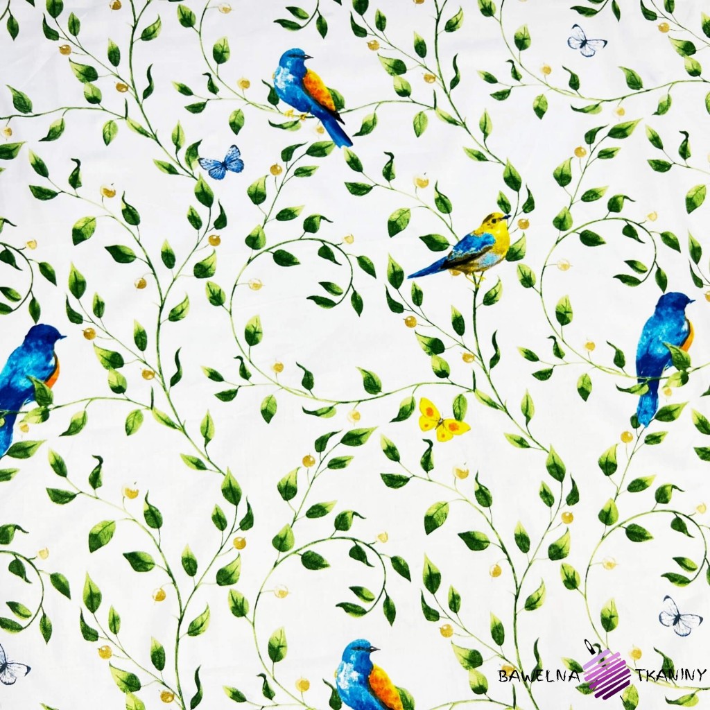 Cotton 100% flowers twigs with birds and butterflies on a white background