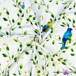 Cotton 100% flowers twigs with birds and butterflies on a white background