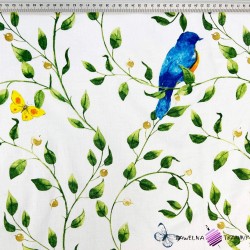 Cotton 100% flowers twigs with birds and butterflies on a white background - 220 cm