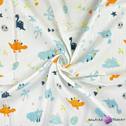 Cotton double gauze muslin with orange and turquoise dinosaurs with palms