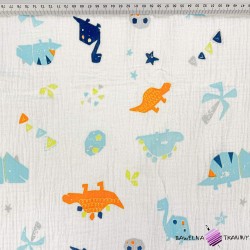 Cotton double gauze muslin with orange and turquoise dinosaurs with palms