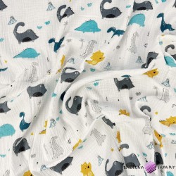 Cotton double gauze muslin with turquoise gray dinosaurs pattern