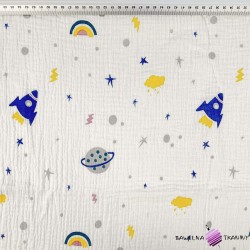 Double gauze muslin printed with rockets and planets print