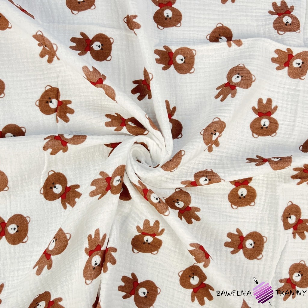 Double gauze muslin printed with brown teddy bears with a red bow print