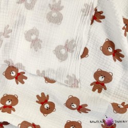 Double gauze muslin printed with brown teddy bears with a red bow print