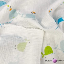 Double gauze printed muslin with colorful whales print