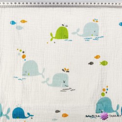 Double gauze printed muslin with colorful whales print