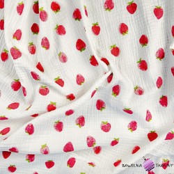 Double gauze printed muslin with a strawberry print
