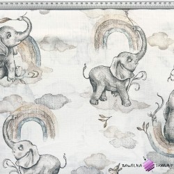 Cotton muslin - pastel elephants with beige rainbow