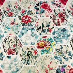 Cotton 100% Patchwork with colorful flowers on an ecru background - 220 cm