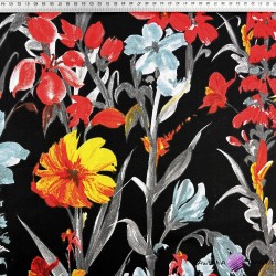 Cotton 100% yellow-red flowers on a black background - 220 cm
