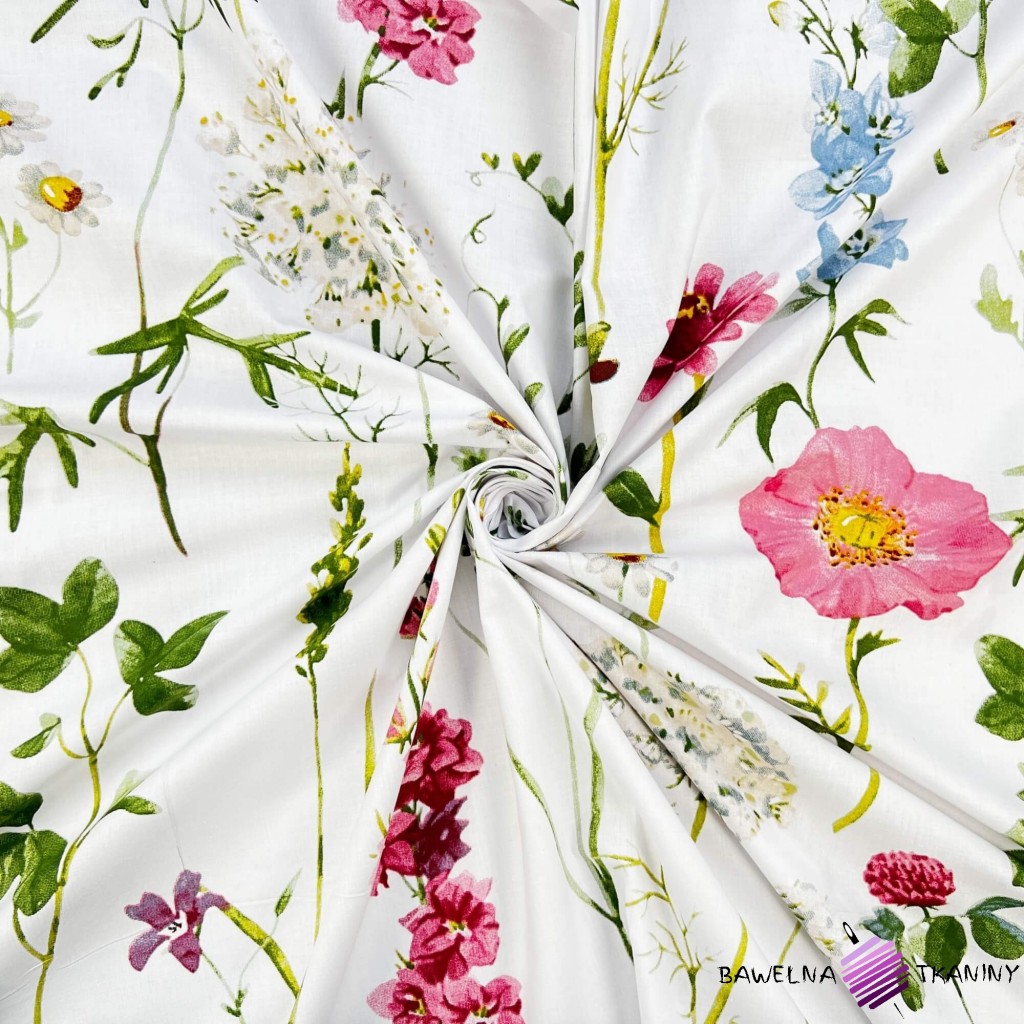 Cotton 100% large wild flowers on a white background - 220 cm