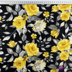 Cotton 100% yellow rose flowers on a black background