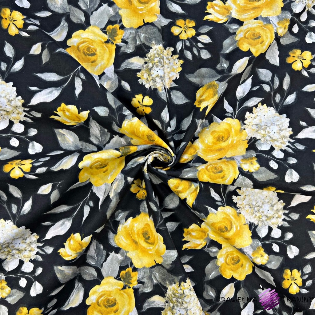 Cotton 100% flowers of yellow roses on a black background - 220 cm