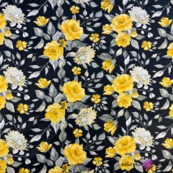Cotton 100% flowers of yellow roses on a black background - 220 cm