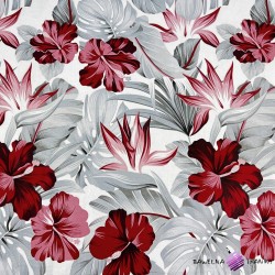 Bawełna 100% kwiaty hibiskus bordowo-szary