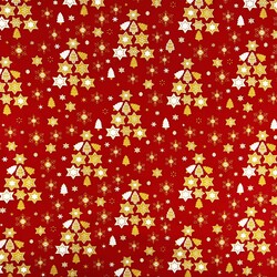 Cotton 100% Christmas tree with stars on a red background