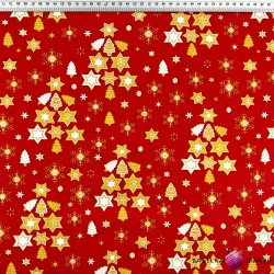 Bawełna 100% wzór świąteczny choinki z gwiazdek na czerwonym tle