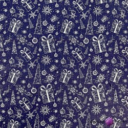 Cotton 100% contours of a Christmas tree and gifts on a navy blue background