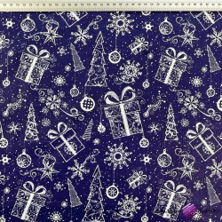 Cotton 100% contours of a Christmas tree and gifts on a navy blue background
