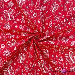 Bawełna 100% wzór świąteczny kontury choinki z prezentami na czerwonym tle