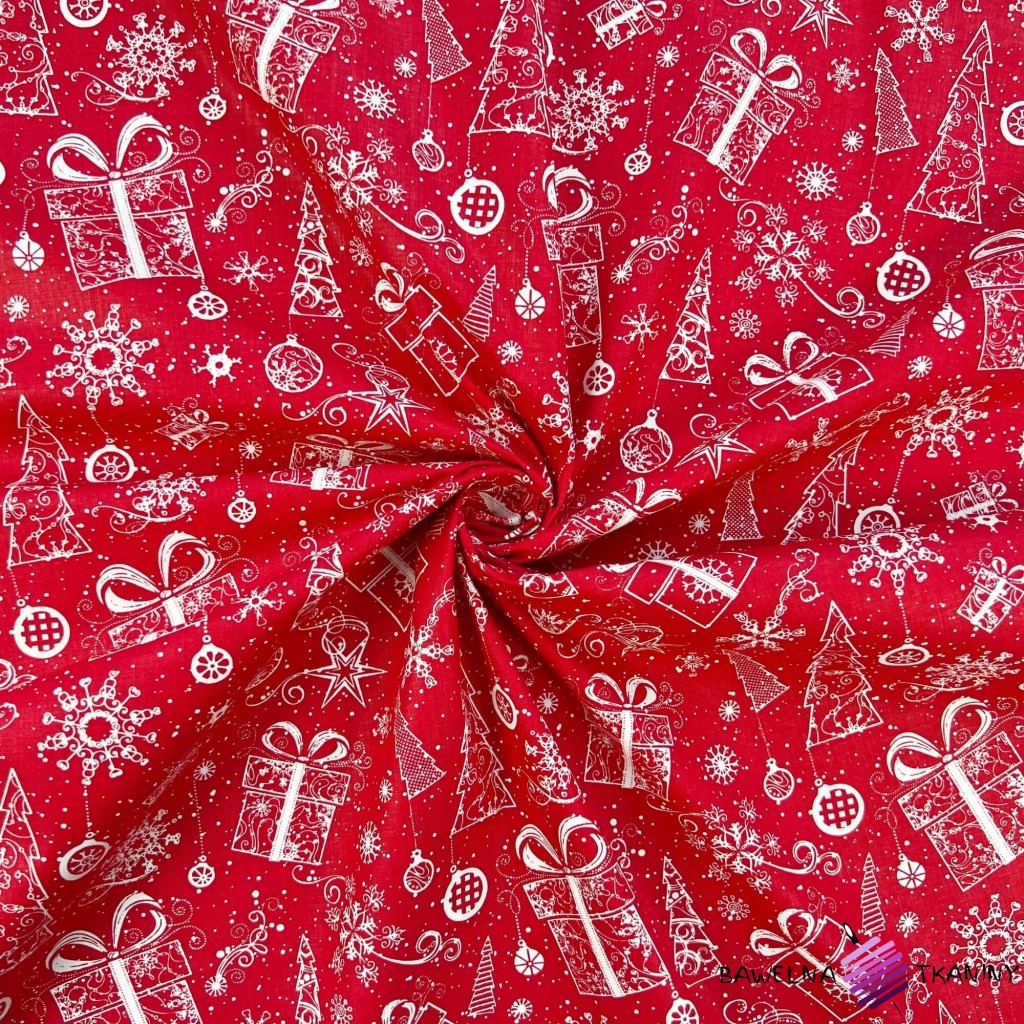 Bawełna 100% wzór świąteczny kontury choinki z prezentami na czerwonym tle