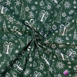 Bawełna 100% wzór świąteczny kontury choinki z prezentami na zielonym tle